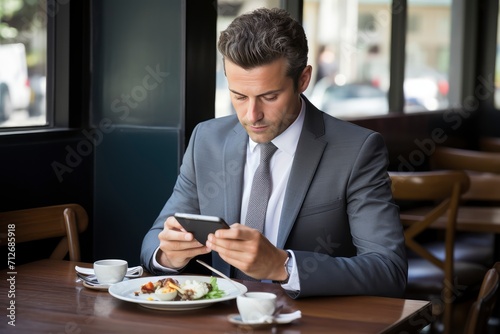 Man Sitting at Table  Looking at Cell Phone  Technology  Communication  Recreation