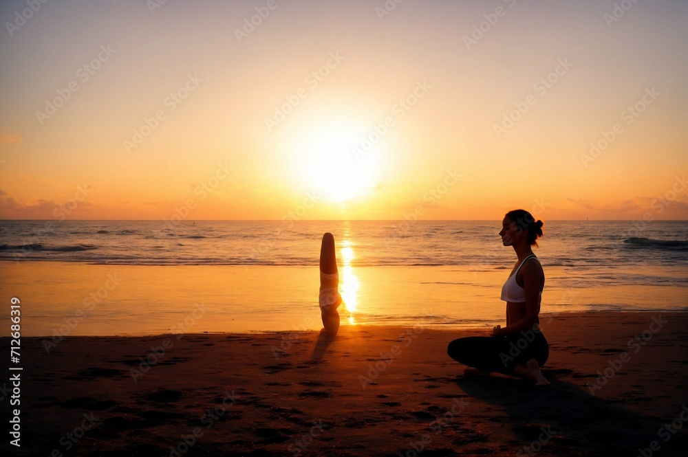 Fototapeta premium Young woman practicing yoga on the beach at sunrise. Yoga concept.
