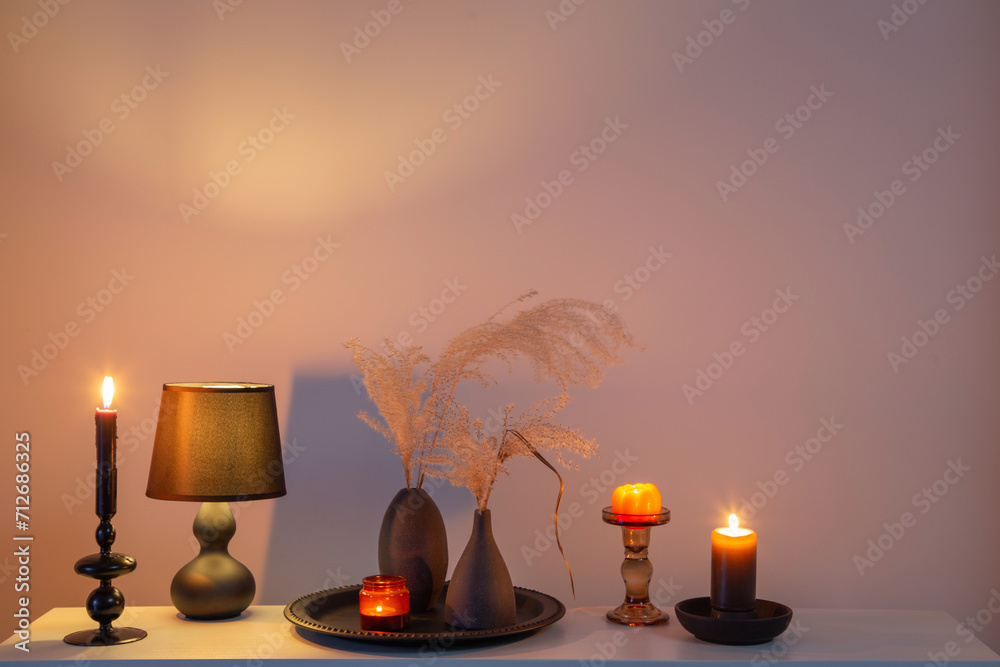 home decor with dried flowers and burning candles home decor with dried flowers and burning candles
