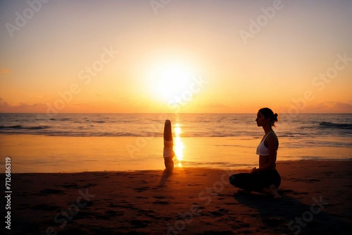 Young woman practicing yoga on the beach at sunrise. Yoga concept.