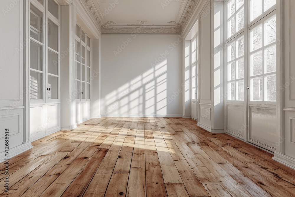 Leerer Raum aus weißem Beton mit Holzböden Leerer Raum aus weißem Beton mit Holzböden
