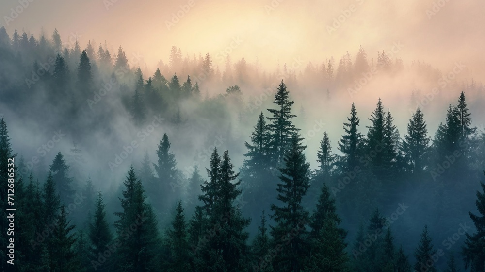 Misty Forest Landscape With Dense Fog and