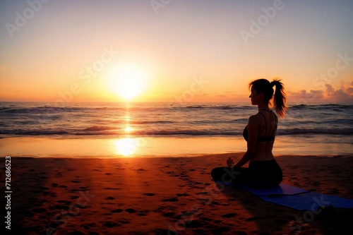 Young woman practicing yoga on the beach at sunrise. Yoga concept. © Евгений Порохин