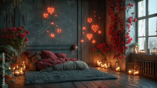 bedroom themed atmosphere with roses and balloons in Valentine's Day style