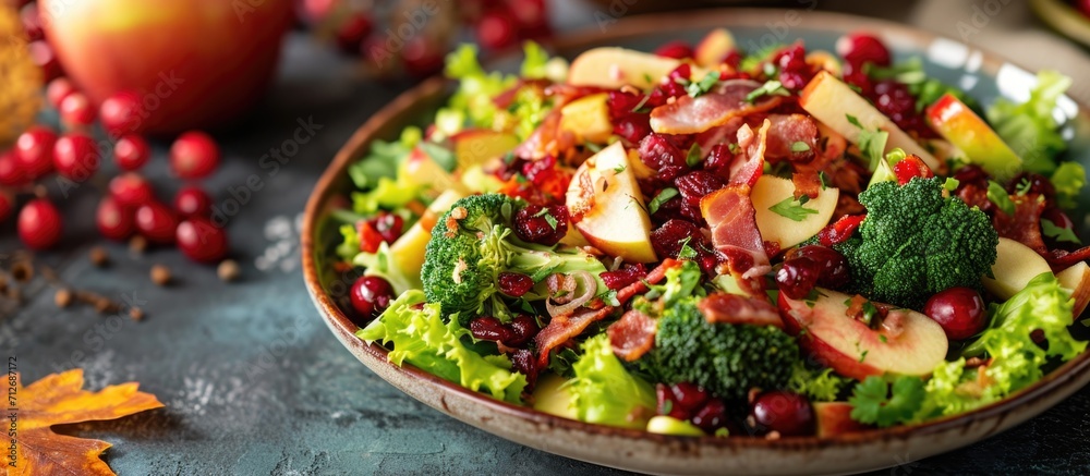 Autumnal salad featuring apple, cranberry, bacon, and broccoli.