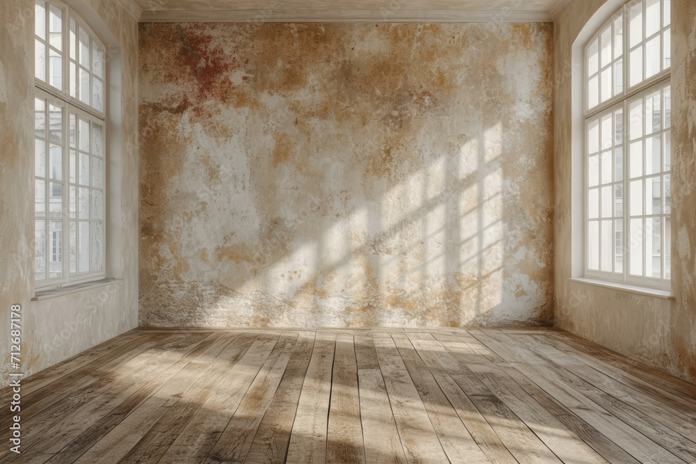 Leerer Raum aus weißem Beton mit Holzböden - obrazy, fototapety, plakaty 