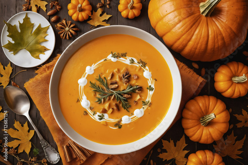 Overhead view of pumpkin soup autumn food
