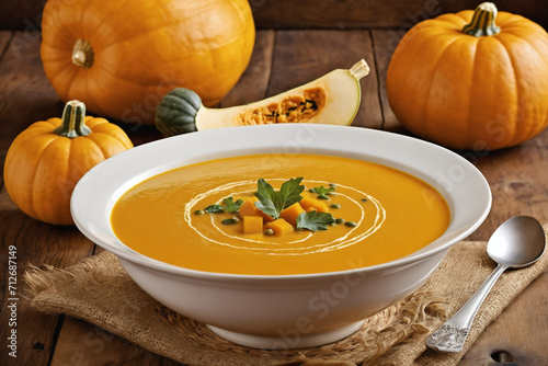 pumpkin soup in a bowl with pumpkin, bowl of squash soup on a wooden table