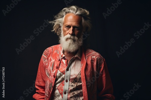 Portrait of an old man with a long white beard and mustache in a red shirt on a black background © Iigo