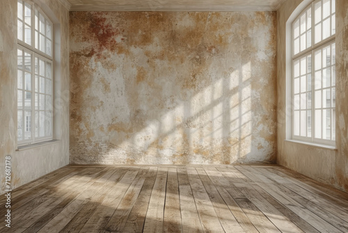 Leerer Raum aus weißem Beton mit Holzböden photo