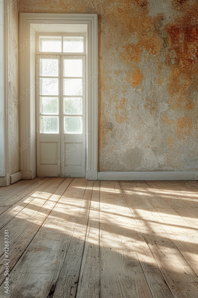 Leerer Raum aus weißem Beton mit Holzböden Leerer Raum aus weißem Beton mit Holzböden