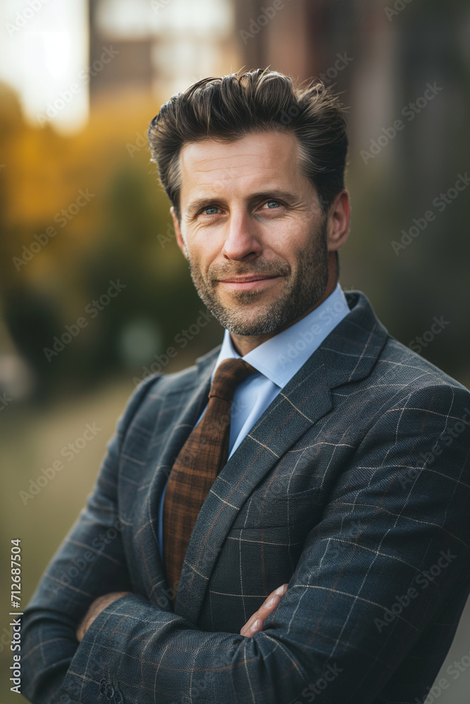 Portrait of handsome 40-year-old man, looking at camera and smiling, wearing in suit against defocused cityscape. Portrait of handsome 40-year-old man, looking at camera and smiling, wearing in suit against defocused cityscape.