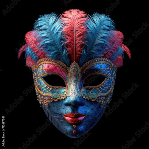 A blue and red mask with feathers on it, Mardi Gras carnival mask.