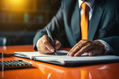 Businessman in suit writing in notebook at desk