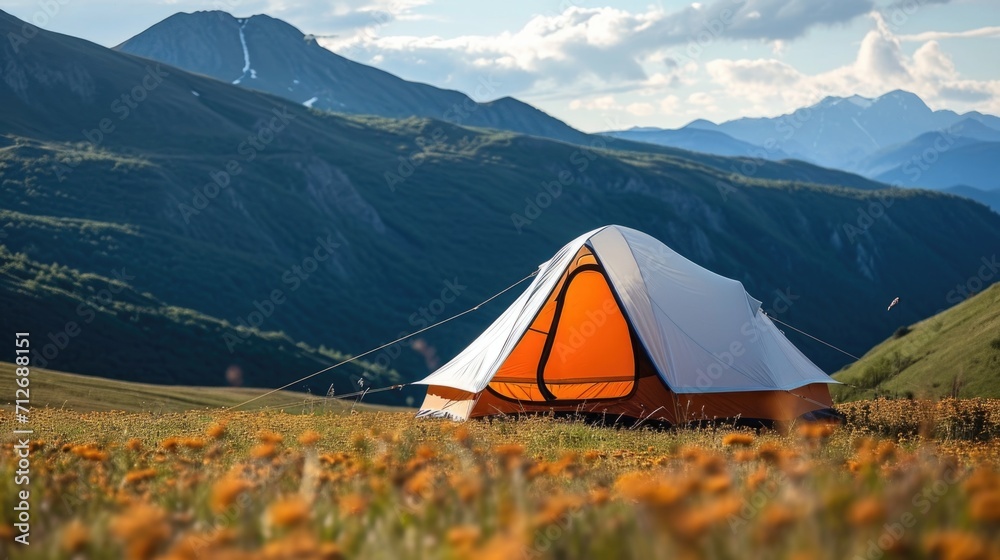A tent in a field with mountains in the background