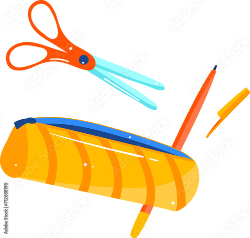Bright scissors, pencil, pen and pencil case on white background. School supplies floating in mid-air. Education and back to school vector illustration. photo