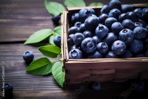 Basket of Blueberries on Wooden Table
