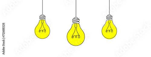 Idea concept with one line bulbs. Innovation ideas. Creative idea banner with lamps. Process of untangling wire to supply electricity to lightbulb. Sign of creativity. Vector illustration. Template