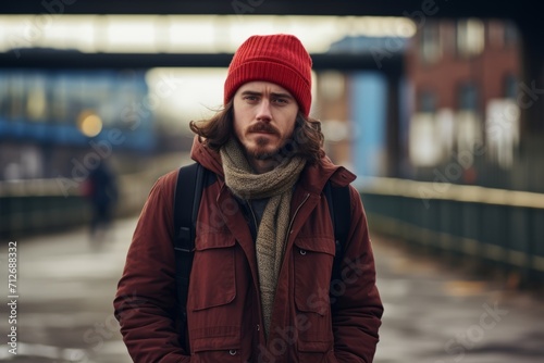 Handsome young man with a beard and mustache in a red knitted hat and coat on a city street