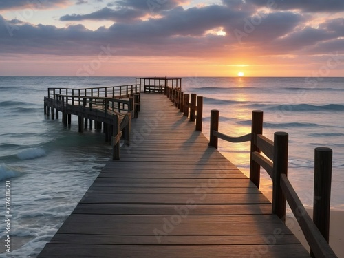 Wooden pier on the beach at beautiful sunset in the evening