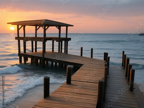 Wooden pier on the beach at beautiful sunset in the evening