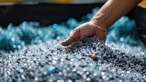 PVC granulate, recycled plastic granules, biodegradable plastic. Placer of granules of eco-friendly plastic raw material at the factory