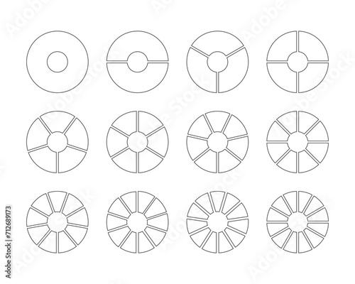 Circle division on 1, 2, 3, 4, 5, 6, 7, 8, 9, 10, 11, 12 equal parts. Wheel round divided diagrams with segments. Coaching blank. Diagram infographic set. Pie chart simple icons. Vector template. Eps.