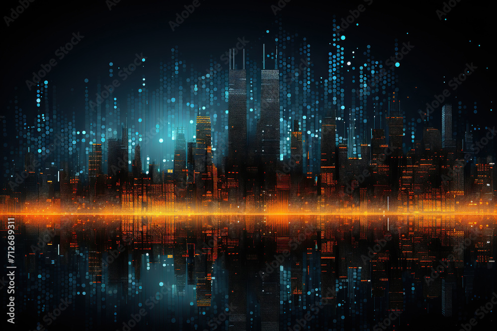 Pixel panorama of the night city. Abstract image. Generated by artificial intelligence Pixel panorama of the night city. Abstract image. Generated by artificial intelligence