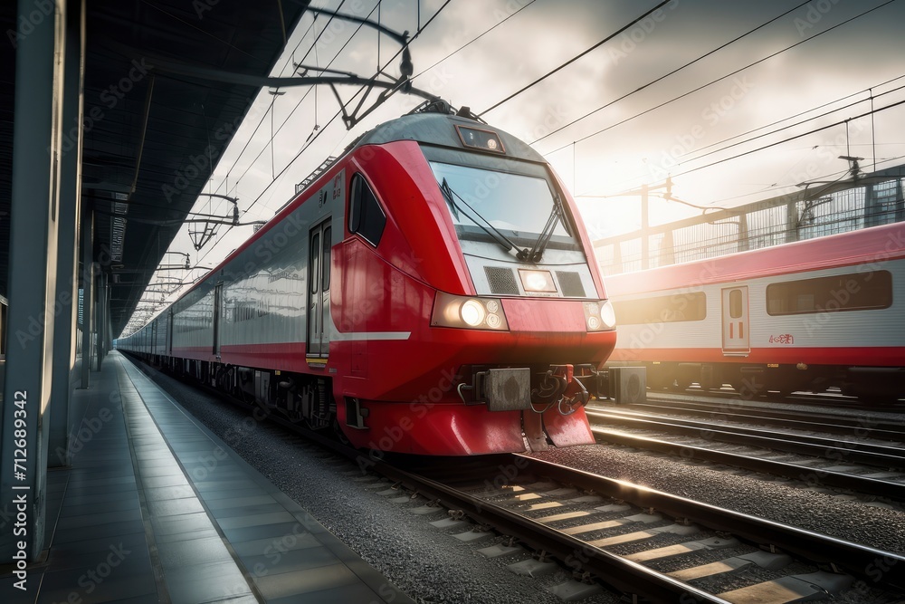 Red Train Traveling Along Train Tracks Next to Loading Platform