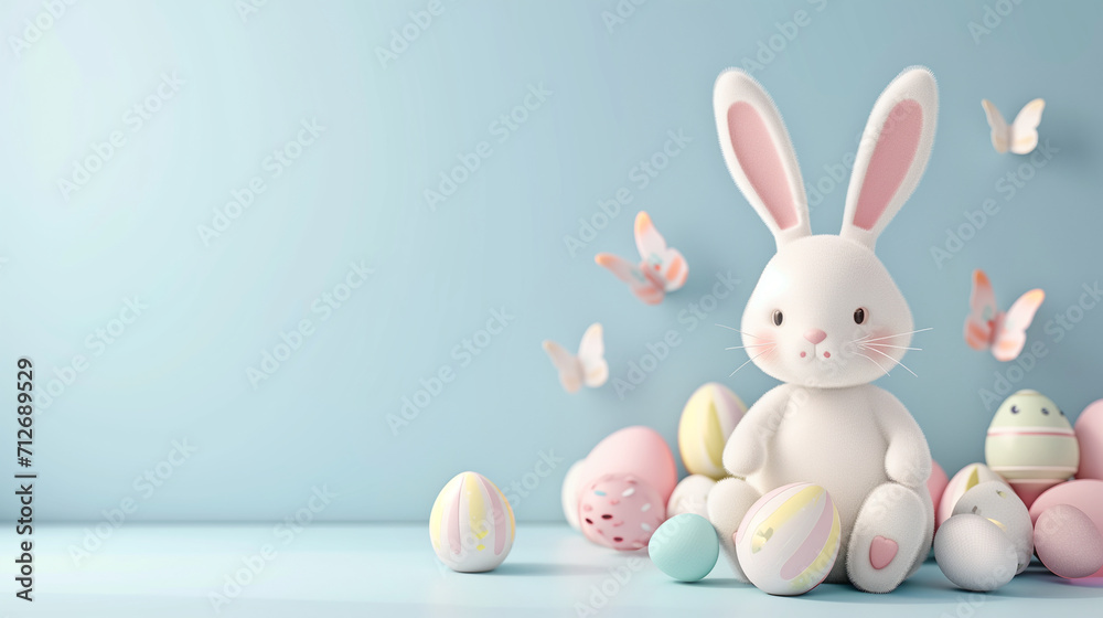 Easter bunny with easter eggs on blue background. 