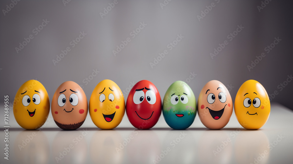 Easter eggs with funny faces and different emotions on white background.