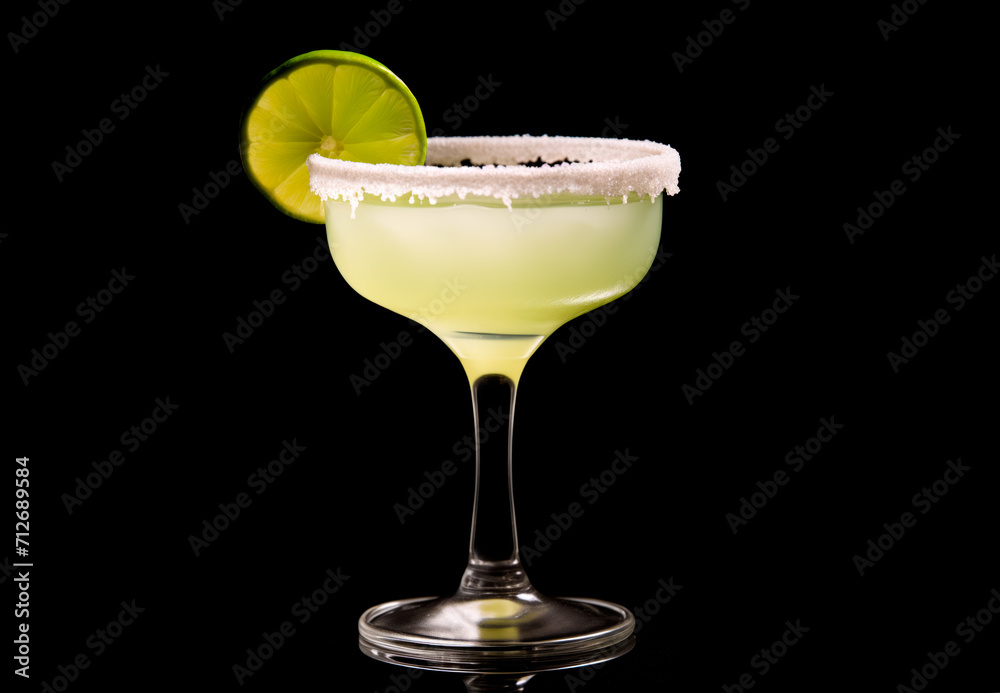 Margarita cocktail in salt-rimmed glass with lime isolated on black background