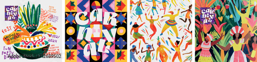 Brazilian carnival, festival and party. Vector illustration of coconut cocktail with poster, geometric bright pattern, background of dancing people and people at festival in costumes in Rio de Janeiro