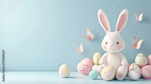 Easter bunny with easter eggs on blue background. 