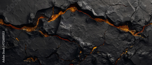 Abstract topographic pattern in charcoal and black . Ancient rock and sand formations with glowing lava fissures. Graphic resource background and wallpaper.