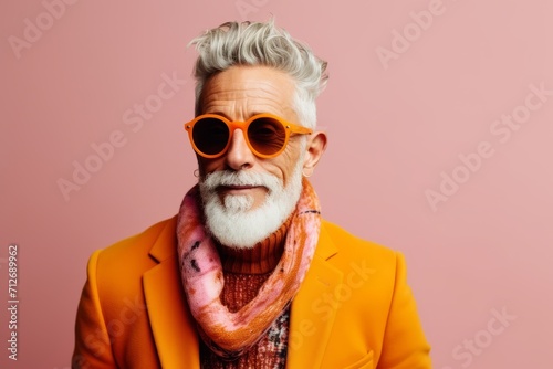 stylish senior man in orange sunglasses and scarf, isolated on pink