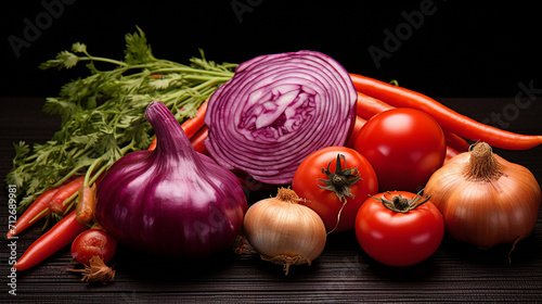 Overhead view of an arrangement of farm fresh brown and red onions, orange and red sweet bell peppers and two crossed red hot chilli peppers isolated on white, Generate AI