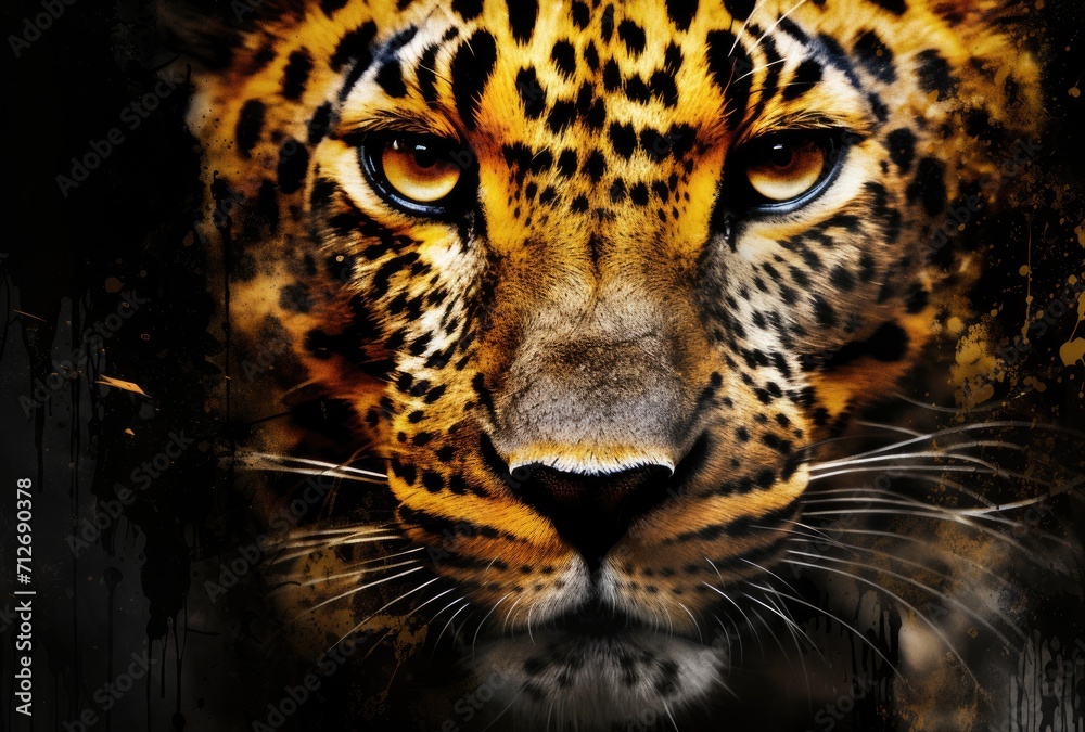 Obraz premium Capture the essence of a majestic jaguar against a dark backdrop.