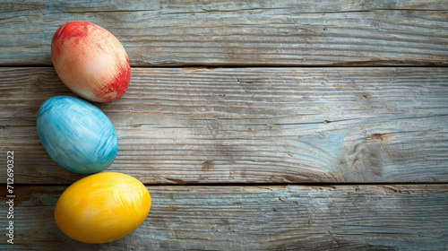 Three easter colored eggs without a pattern on wooden background, easter day concept, copy space.