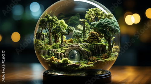 Exploring Our Green Planet: Abstract 3D Globe Concept with Water, Trees, and Nature, generative AI photo