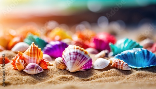 Colorful shells on sand beach close-up  summer celebration concept