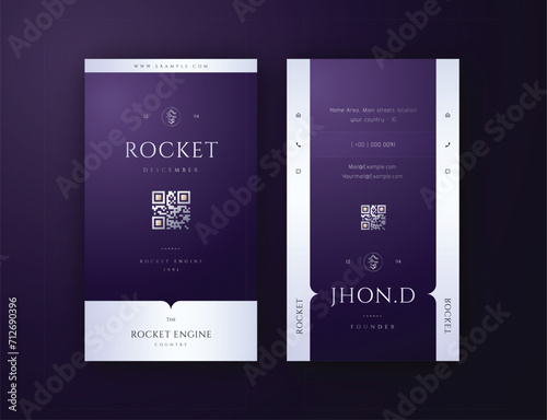 luxury vertical business card vector, dark purple elegance with glossy silver and touches of gold