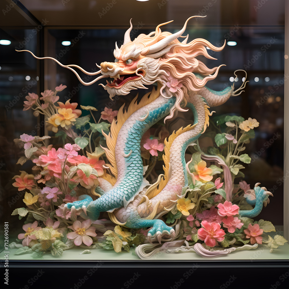 Fototapeta premium a statue of a dragon surrounded by flowers and other decorations in a display case at a store window in china, Art & Language, dragon art