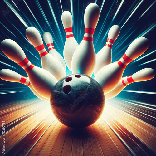 Bowling ball and skittles on a dark background. 3d rendering