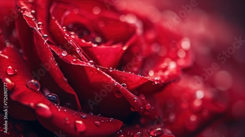 A close up picture with water drops on the red rose 