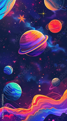 space stars and planets in style of tripping psychedelic, neon colors, glow