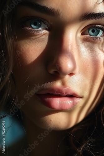 Portrait of a young woman with blue eyes and brown hair