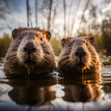 two beavers are swimming in the water together in the wilderness, looking at the camera man's reflection, Arie Smit, award - winning photo, a stock photo, art photography