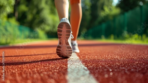 A womans legs walking on a road close up a running track. 