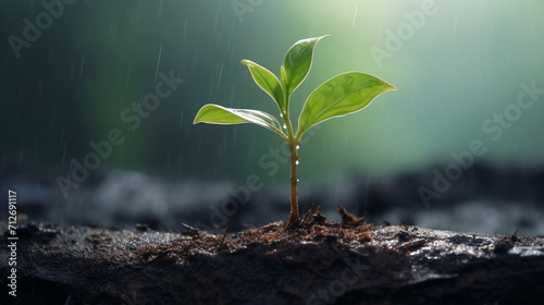 New life of young plant seedling grow in black soil. Growth and Renewal Young Plant Seedling in Rich Black Soil photo